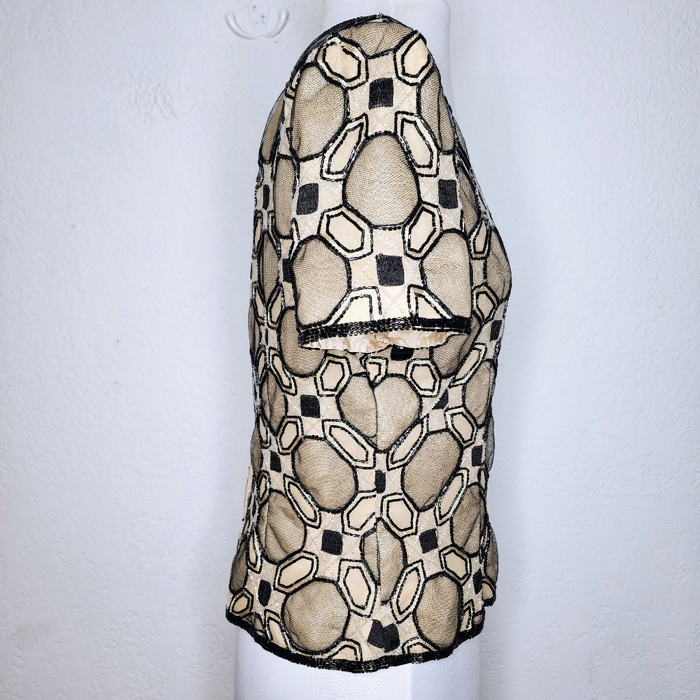 Adrianna Papell Evening Beaded Blouse Sz M 100% Silk Black Gold Geometric Top - Picture 8 of 15